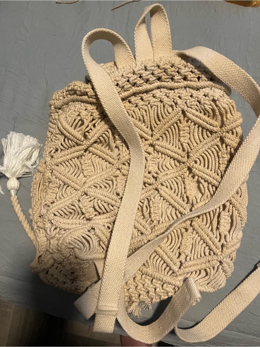 Boho Macramé Drawstring Backpack - Cream - Picture 2 of 3